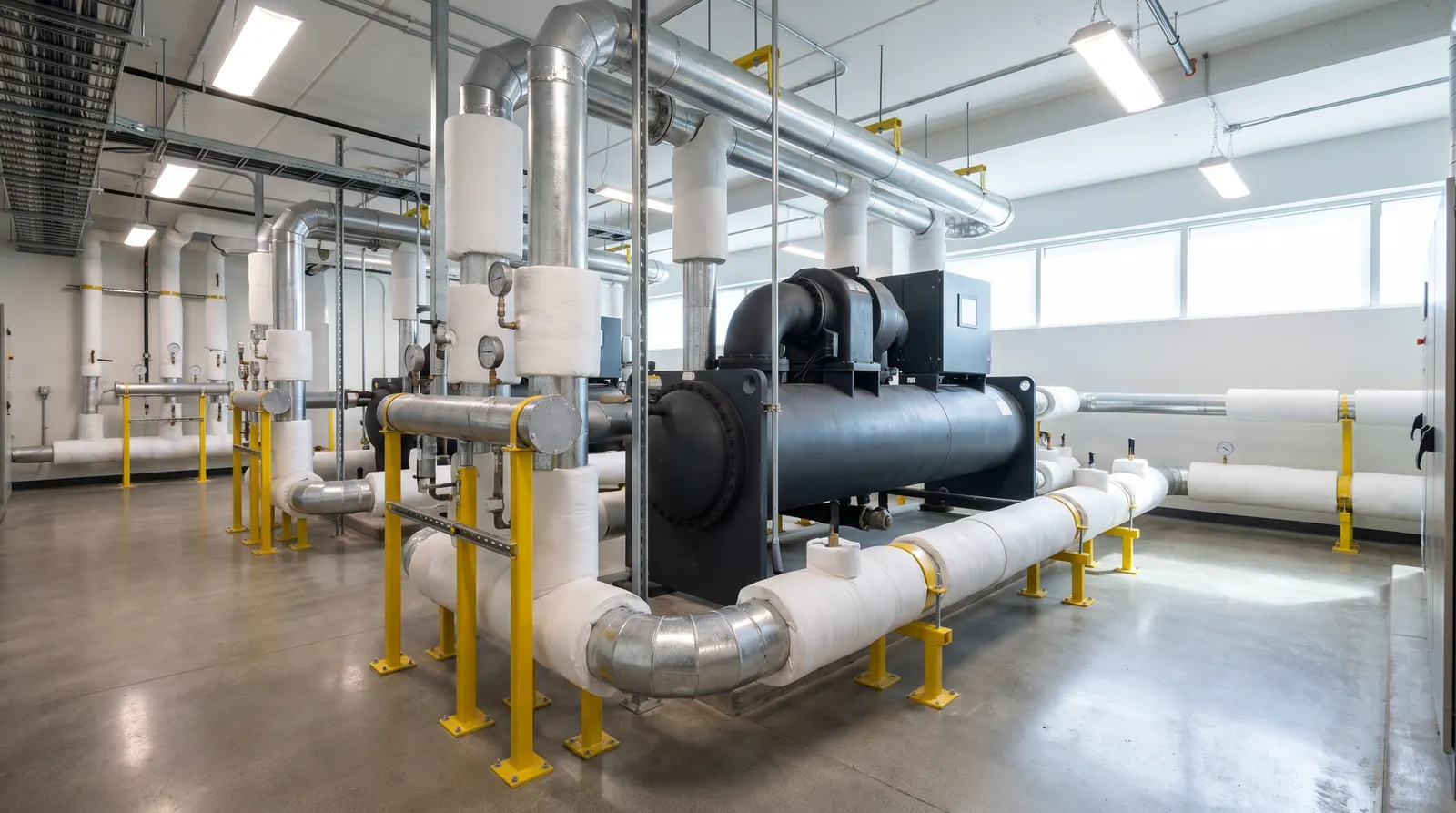 Cuarto mec&aacute;nico comercial con chillers y tuber&iacute;a aislada atendido por MC Systems en Austin