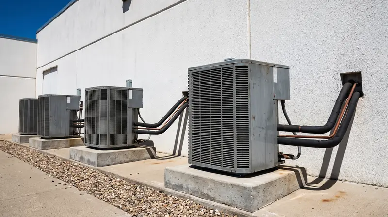 Row of split-system condensing units on a commercial slab in Austin