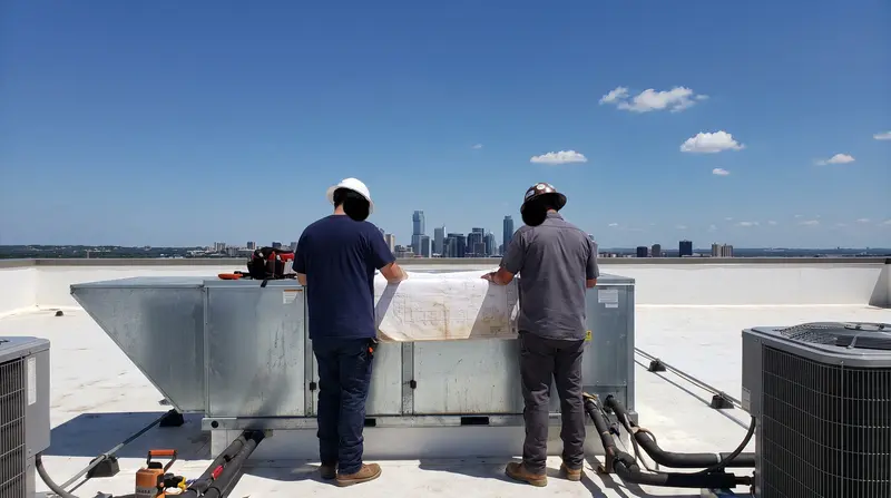 Technicians reviewing plans on a commercial rooftop with the Austin skyline behind