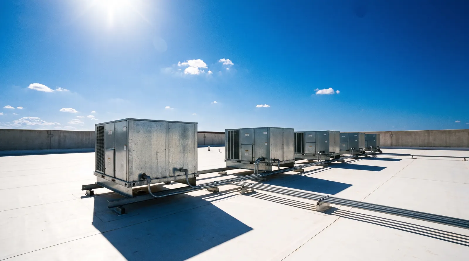 Fila de unidades HVAC de azotea en un edificio comercial de Austin