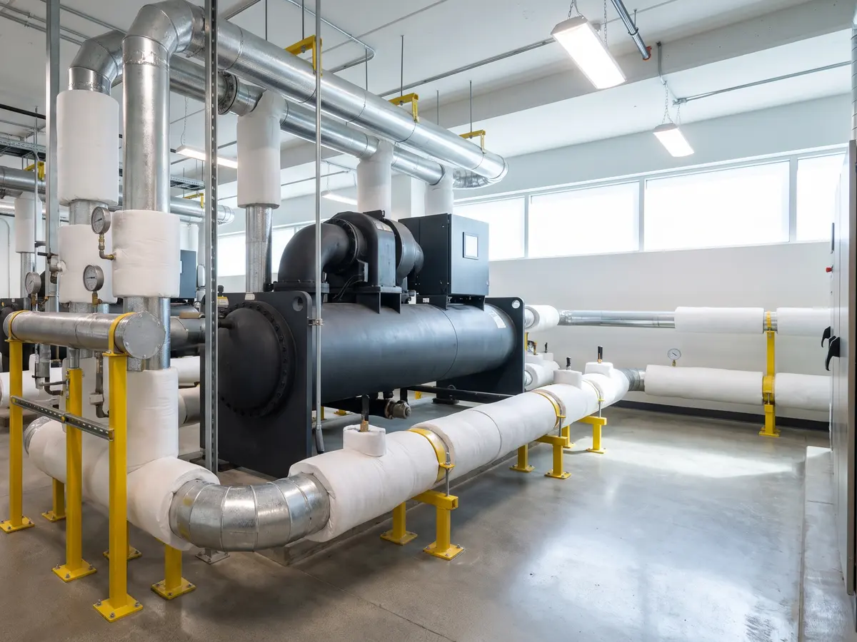 Commercial mechanical room with chiller and insulated piping in Austin