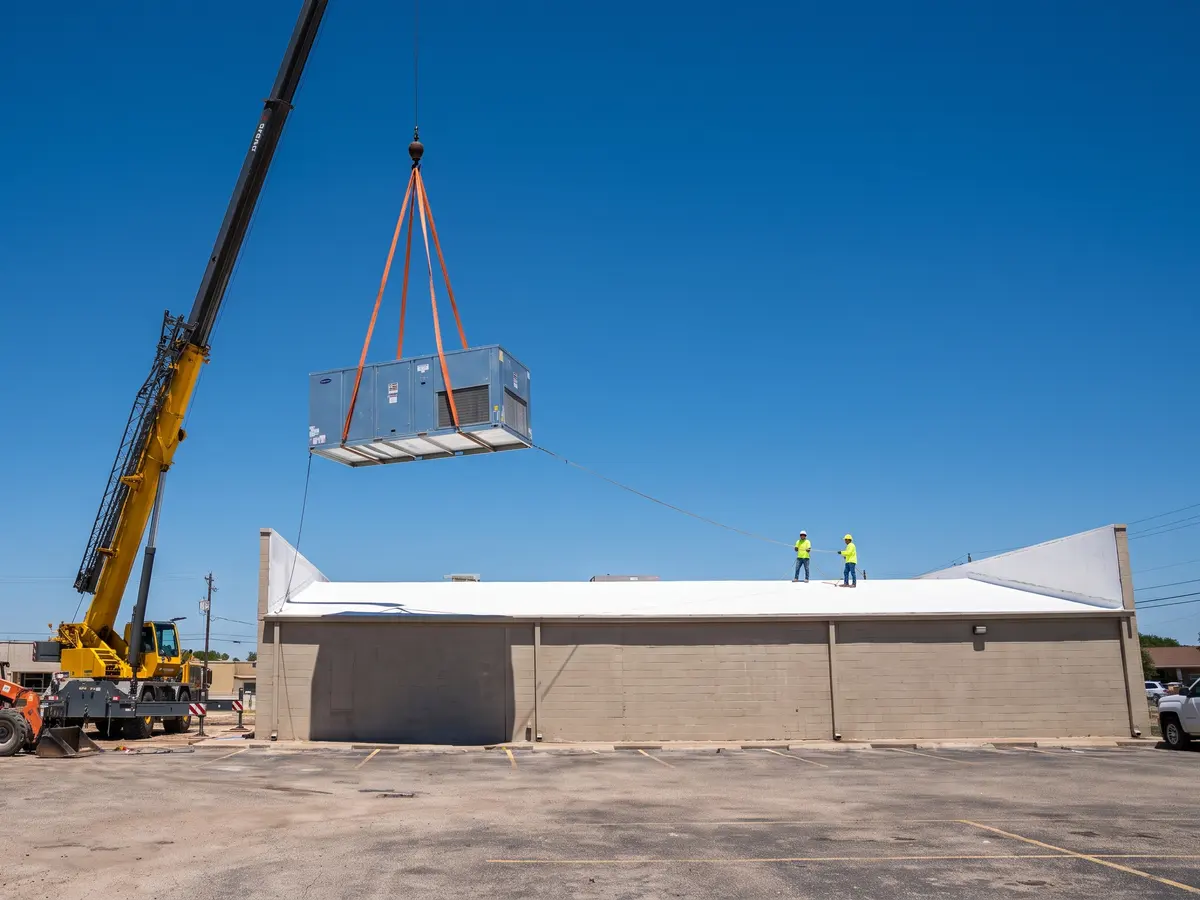 Crane setting a new HVAC rooftop unit on a commercial building in Austin